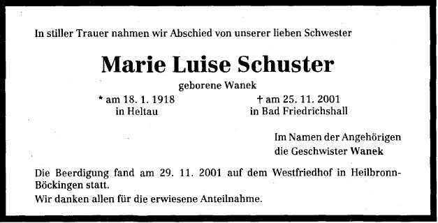 Wanek Marie Luise 1918-2002 Todesanzeige